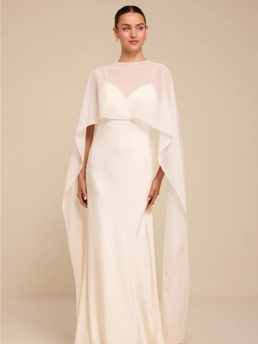 Elegant White Cape Evening Dress - Womens Formal Gown - Picture 4 of 7